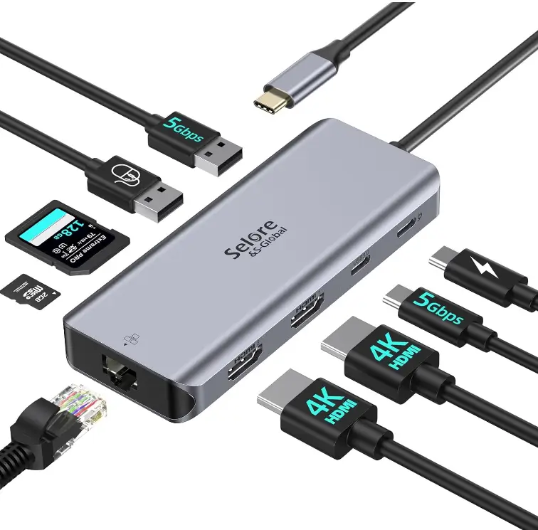 station USB C Dual HDMI, adattatore hub USB C Multiport 9 in 1 a 4K HDMI